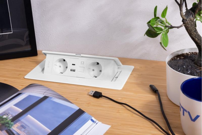 Möbeluttag MULTISOFT, 2xSCHUKO, USB A+C, RJ45, kabel 1,5 m, vit