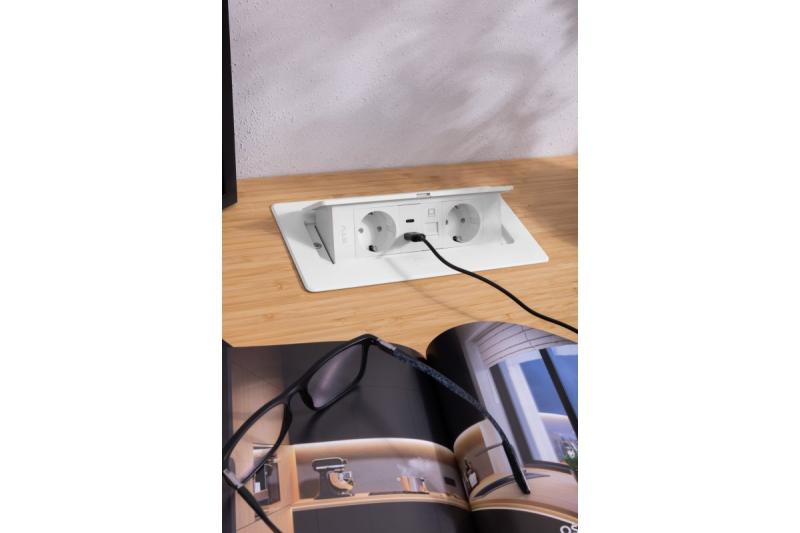 Möbeluttag MULTISOFT, 2xSCHUKO, USB A+C, RJ45, kabel 1,5 m, vit