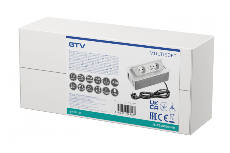 Möbeluttag MULTISOFT, 2xSCHUKO, USB A+C, RJ45, kabel 1,5 m, vit