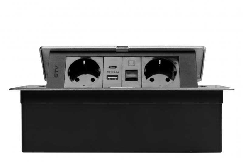 Möbeluttag MULTISOFT, 2xSCHUKO, USB A+C, RJ45, kabel 1,5 m, aluminium