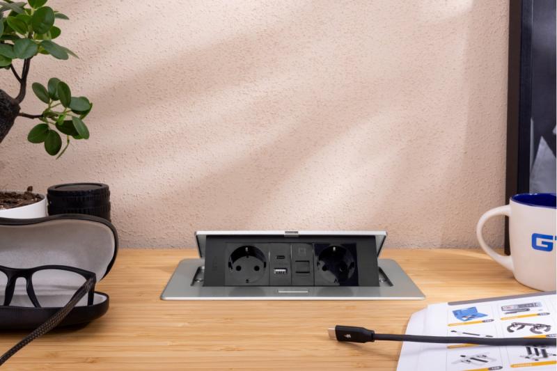 Möbeluttag MULTISOFT, 2xSCHUKO, USB A+C, RJ45, kabel 1,5 m, aluminium