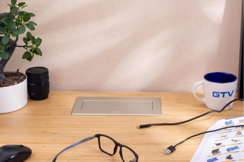 Möbeluttag MULTISOFT, 2xSCHUKO, USB A+C, RJ45, kabel 1,5 m, aluminium