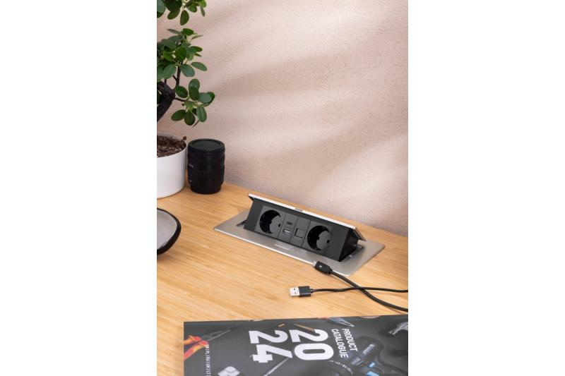 Möbeluttag MULTISOFT, 2xSCHUKO, USB A+C, RJ45, kabel 1,5 m, aluminium