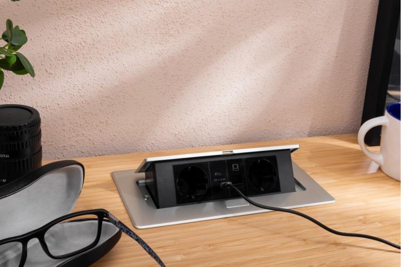 Möbeluttag MULTISOFT, 2xSCHUKO, USB A+C, RJ45, kabel 1,5 m, aluminium