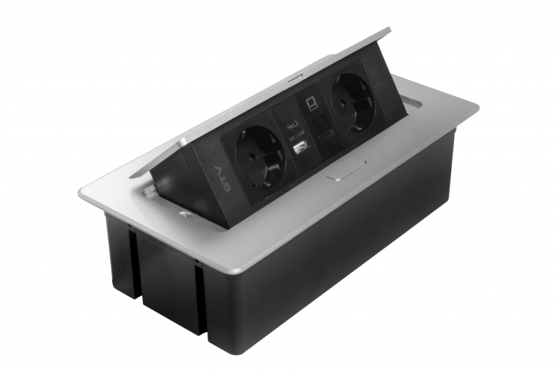 Möbeluttag MULTISOFT, 2xSCHUKO, USB A+C, RJ45, kabel 1,5 m, aluminium