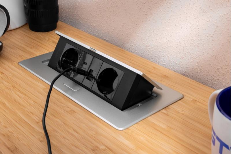 Möbeluttag MULTISOFT, 2xSCHUKO, USB A+C, RJ45, kabel 1,5 m, aluminium