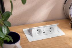 MULTISOFT Möbelsuttag 2x Uttag med Jordning, USB A+C, RJ45, Strömkabel med Stickkontakt, Vit