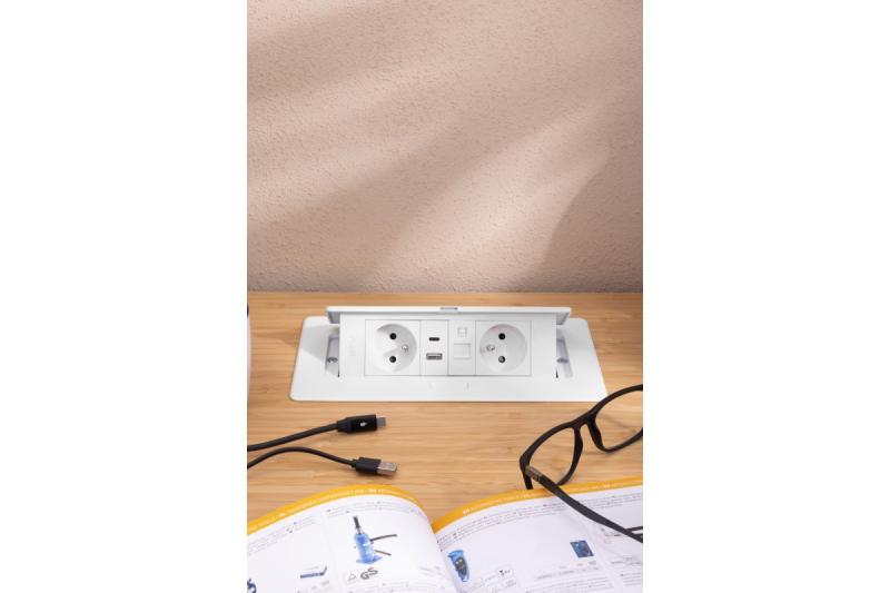 MULTISOFT Möbelsuttag 2x Uttag med Jordning, USB A+C, RJ45, Strömkabel med Stickkontakt, Vit