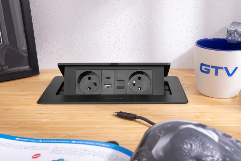 MULTISOFT Möbelsockel 2x Uttag med Jordning, USB A+C, RJ45, Strömkabel med Stickkontakt, Svart