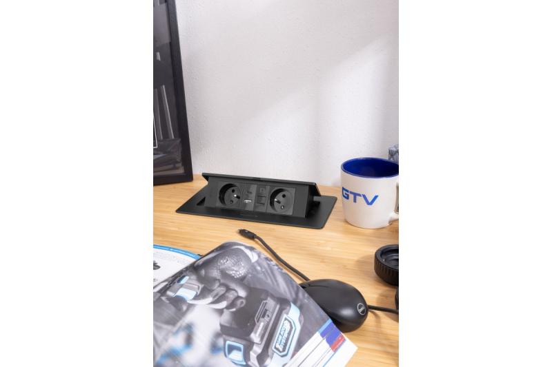 MULTISOFT Möbelsockel 2x Uttag med Jordning, USB A+C, RJ45, Strömkabel med Stickkontakt, Svart