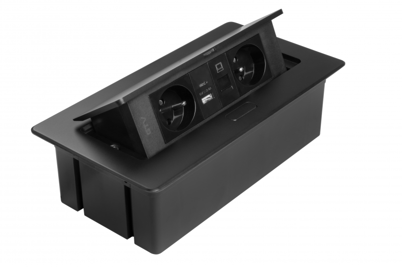 MULTISOFT Möbelsockel 2x Uttag med Jordning, USB A+C, RJ45, Strömkabel med Stickkontakt, Svart