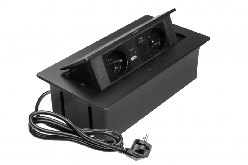 MULTISOFT Möbelsockel 2x Uttag med Jordning, USB A+C, RJ45, Strömkabel med Stickkontakt, Svart