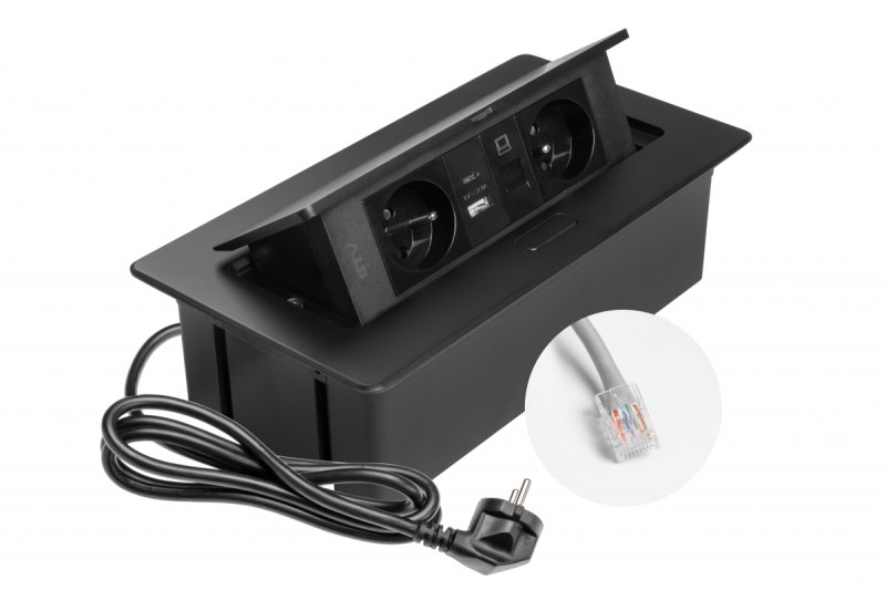 MULTISOFT Möbelsockel 2x Uttag med Jordning, USB A+C, RJ45, Strömkabel med Stickkontakt, Svart