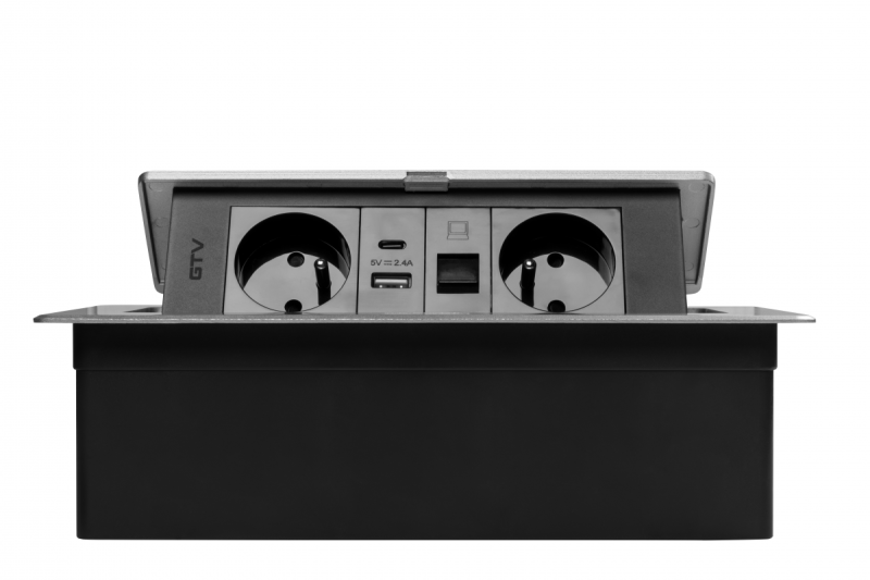 MULTISOFT Möbeluttag 2x Uttag med Jordning, USB A+C, RJ45, Strömkabel med Stickkontakt, Aluminium