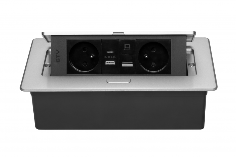 MULTISOFT Möbeluttag 2x Uttag med Jordning, USB A+C, RJ45, Strömkabel med Stickkontakt, Aluminium