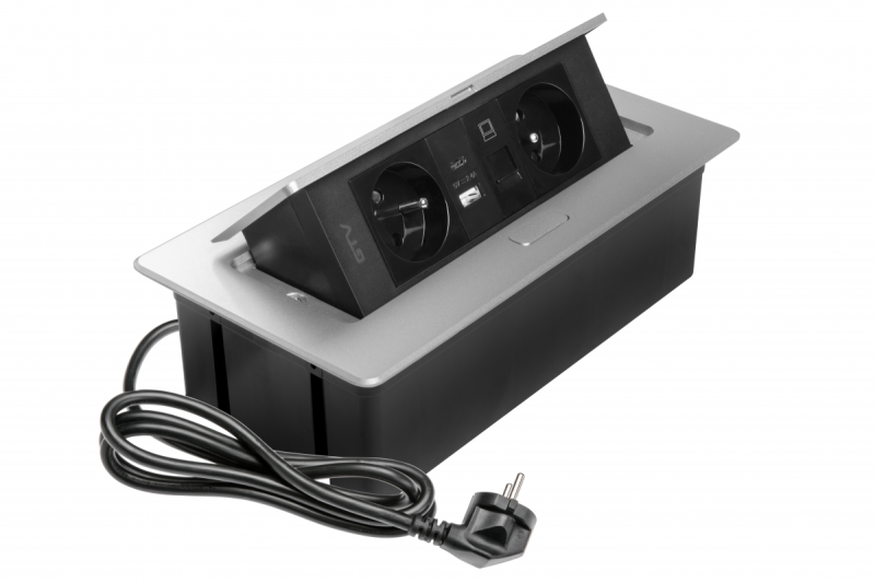 MULTISOFT Möbeluttag 2x Uttag med Jordning, USB A+C, RJ45, Strömkabel med Stickkontakt, Aluminium