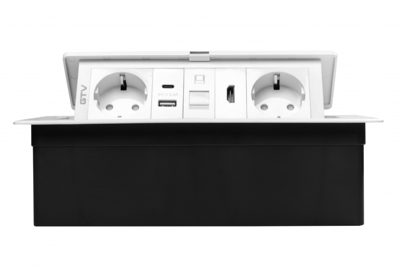 Möbelsuttag MULTISOFT, 2xSCHUKO, USB A+C, RJ45, HDMI, kabel 1,5 m, vit