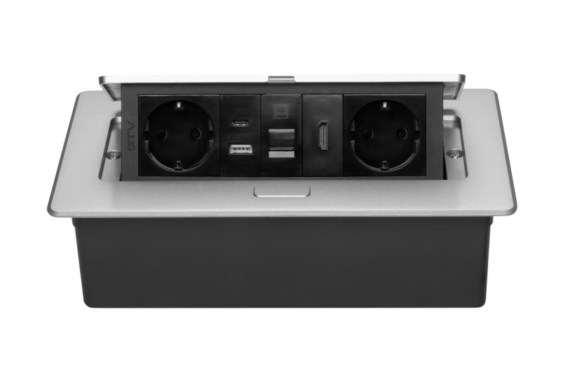 Möbeluttag MULTISOFT, 2xSCHUKO, USB A+C, RJ45, HDMI-kabel 1,5 m, aluminium