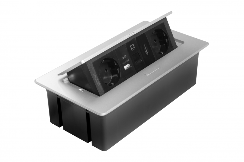 Möbeluttag MULTISOFT, 2xSCHUKO, USB A+C, RJ45, HDMI-kabel 1,5 m, aluminium