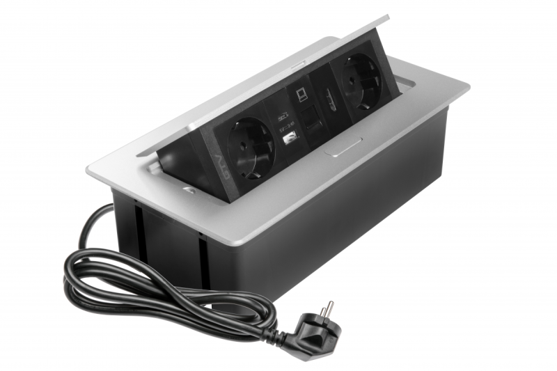 Möbeluttag MULTISOFT, 2xSCHUKO, USB A+C, RJ45, HDMI-kabel 1,5 m, aluminium