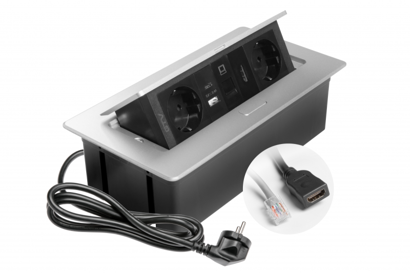 Möbeluttag MULTISOFT, 2xSCHUKO, USB A+C, RJ45, HDMI-kabel 1,5 m, aluminium