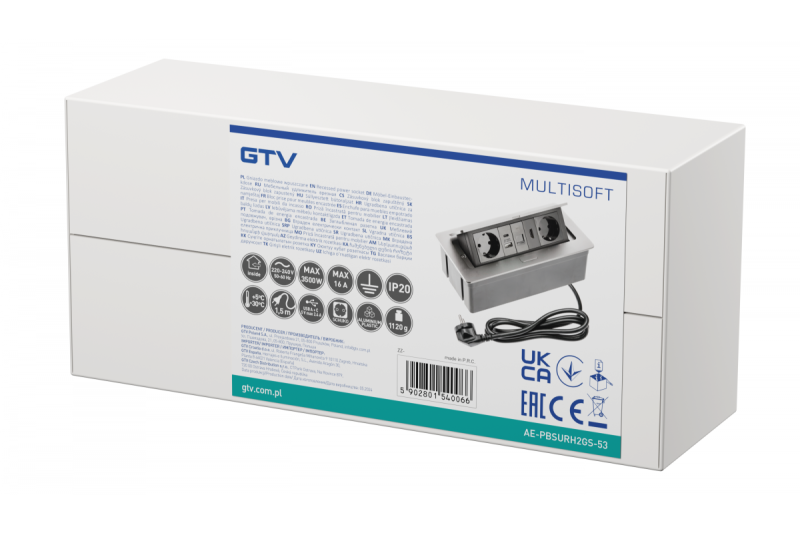 Möbeluttag MULTISOFT, 2xSCHUKO, USB A+C, RJ45, HDMI-kabel 1,5 m, aluminium