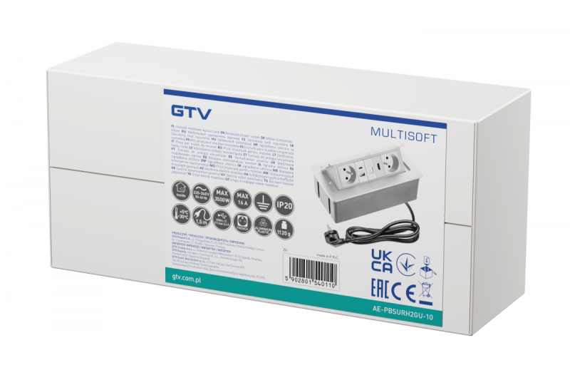 MULTISOFT möbeluttag 2x uttag med jordning, USB A+C, RJ45, HDMI, strömkabel med stickkontakt, vit