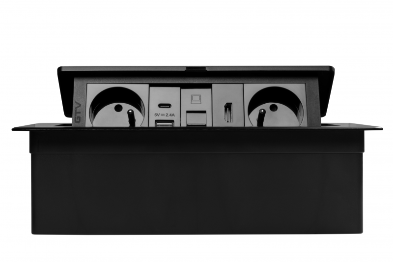 MULTISOFT möbeluttag 2x Uttag med Jordning, USB A+C, RJ45, HDMI, Strömkabel med Stickkontakt, Svart