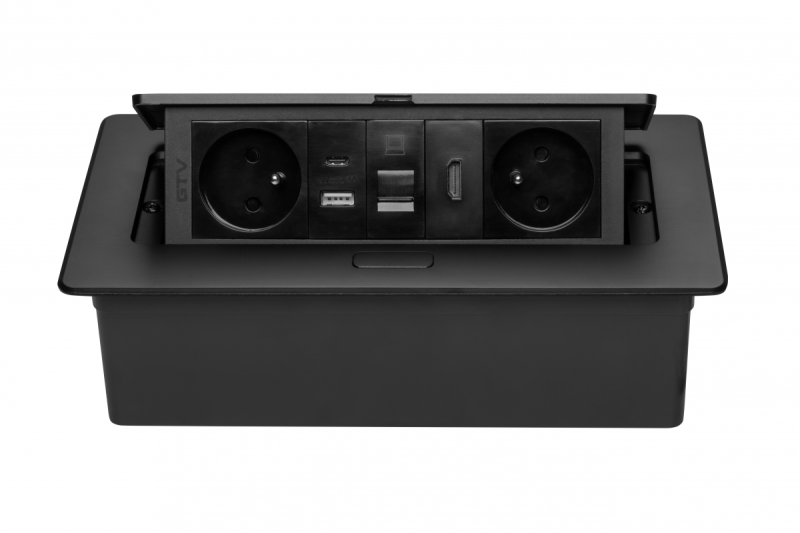 MULTISOFT möbeluttag 2x Uttag med Jordning, USB A+C, RJ45, HDMI, Strömkabel med Stickkontakt, Svart