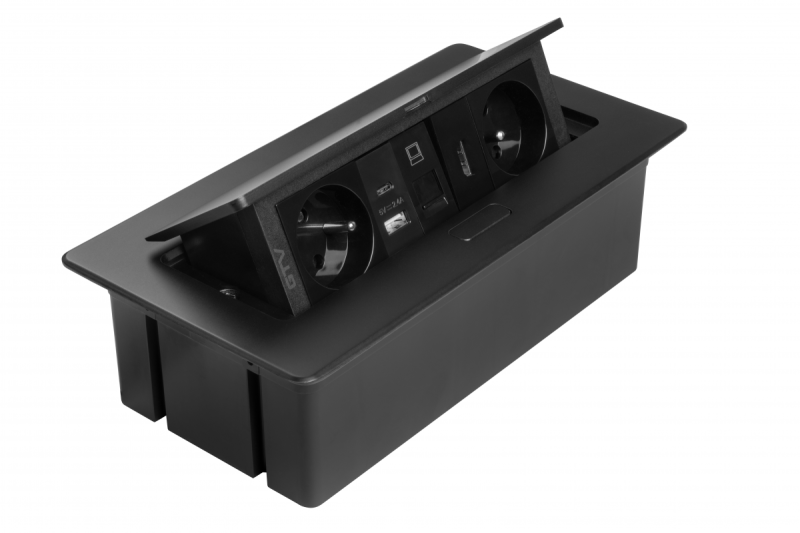 MULTISOFT möbeluttag 2x Uttag med Jordning, USB A+C, RJ45, HDMI, Strömkabel med Stickkontakt, Svart