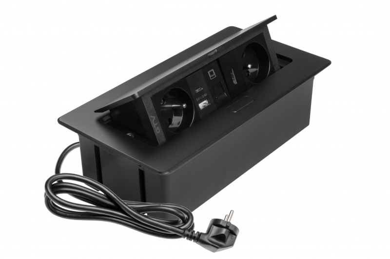 MULTISOFT möbeluttag 2x Uttag med Jordning, USB A+C, RJ45, HDMI, Strömkabel med Stickkontakt, Svart