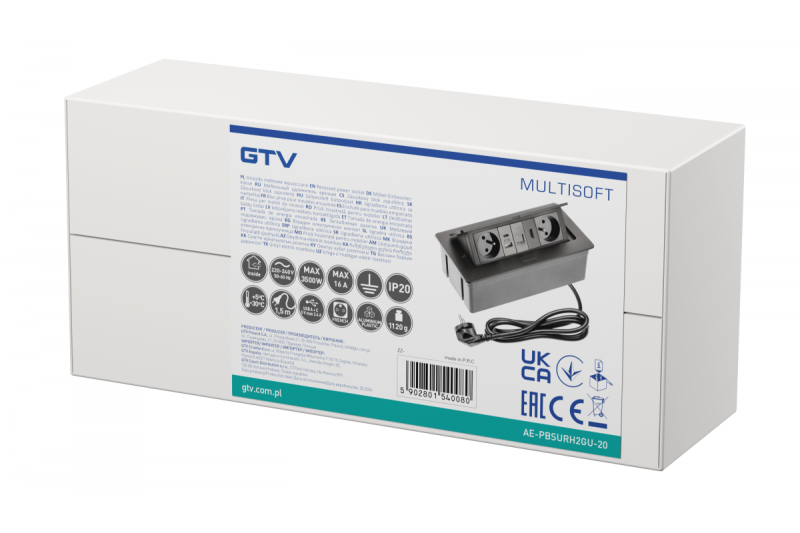 MULTISOFT möbeluttag 2x Uttag med Jordning, USB A+C, RJ45, HDMI, Strömkabel med Stickkontakt, Svart