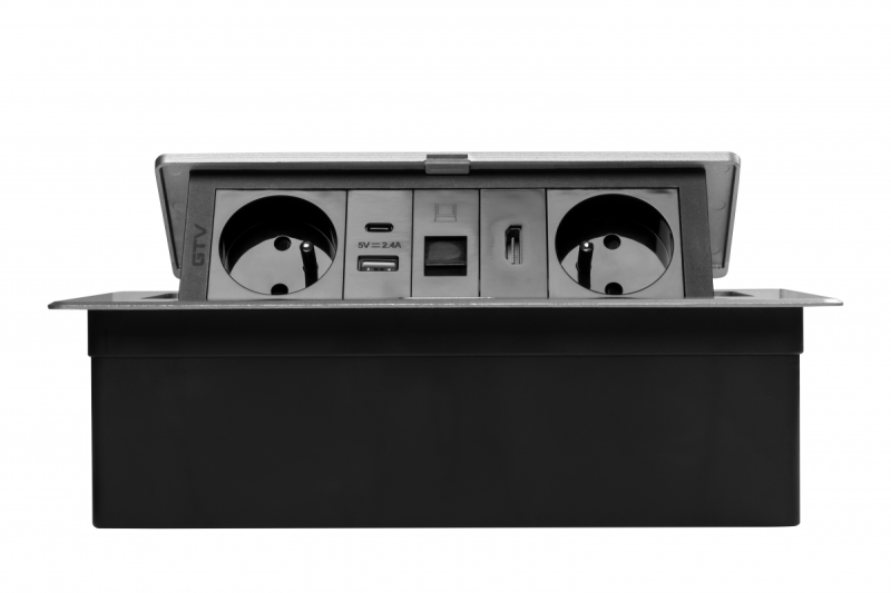 MULTISOFT möbeluttag 2x uttag med jordning, USB A+C, RJ45, HDMI, strömkabel med kontakt, aluminium