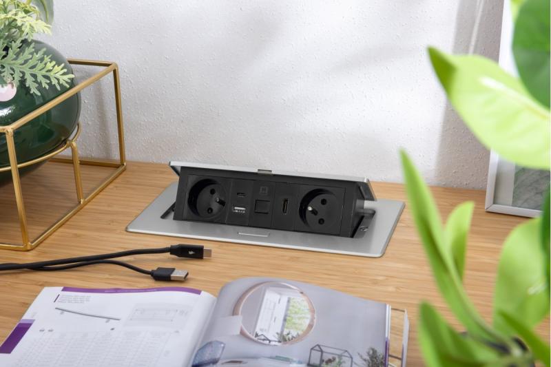 MULTISOFT möbeluttag 2x uttag med jordning, USB A+C, RJ45, HDMI, strömkabel med kontakt, aluminium