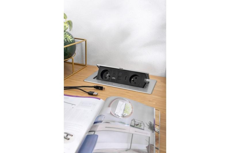 MULTISOFT möbeluttag 2x uttag med jordning, USB A+C, RJ45, HDMI, strömkabel med kontakt, aluminium