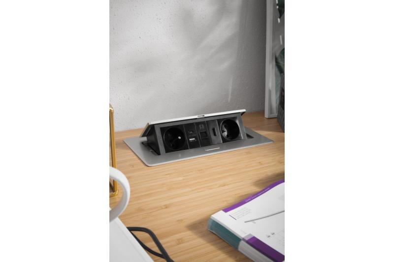 MULTISOFT möbeluttag 2x uttag med jordning, USB A+C, RJ45, HDMI, strömkabel med kontakt, aluminium