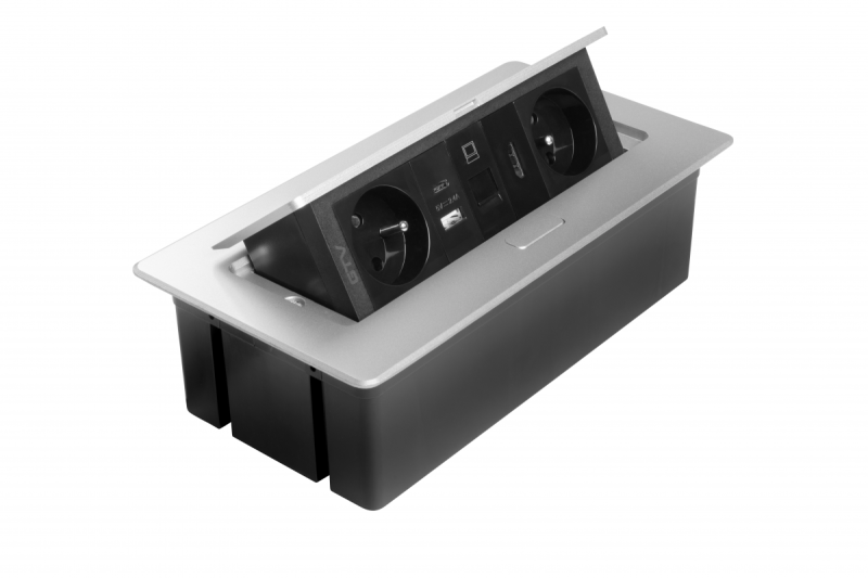 MULTISOFT möbeluttag 2x uttag med jordning, USB A+C, RJ45, HDMI, strömkabel med kontakt, aluminium