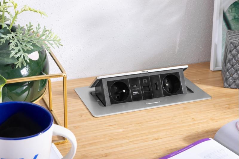 MULTISOFT möbeluttag 2x uttag med jordning, USB A+C, RJ45, HDMI, strömkabel med kontakt, aluminium