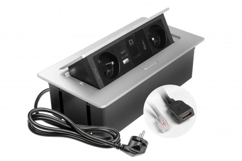 MULTISOFT möbeluttag 2x uttag med jordning, USB A+C, RJ45, HDMI, strömkabel med kontakt, aluminium