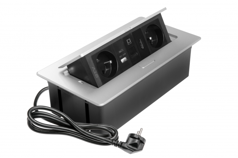 MULTISOFT möbeluttag 2x uttag med jordning, USB A+C, RJ45, HDMI, strömkabel med kontakt, aluminium