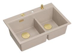 Quadri Hard Rock Dubbel Beige Granit Påbyggnad Diskbänk 76x50 cm med Guldplugg och tillbehör 1208971663