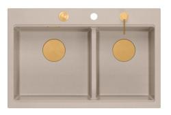 Quadri Hard Rock Dubbel Beige Granit Påbyggnad Diskbänk 76x50 cm med Kopparplugg och tillbehör 1208971726