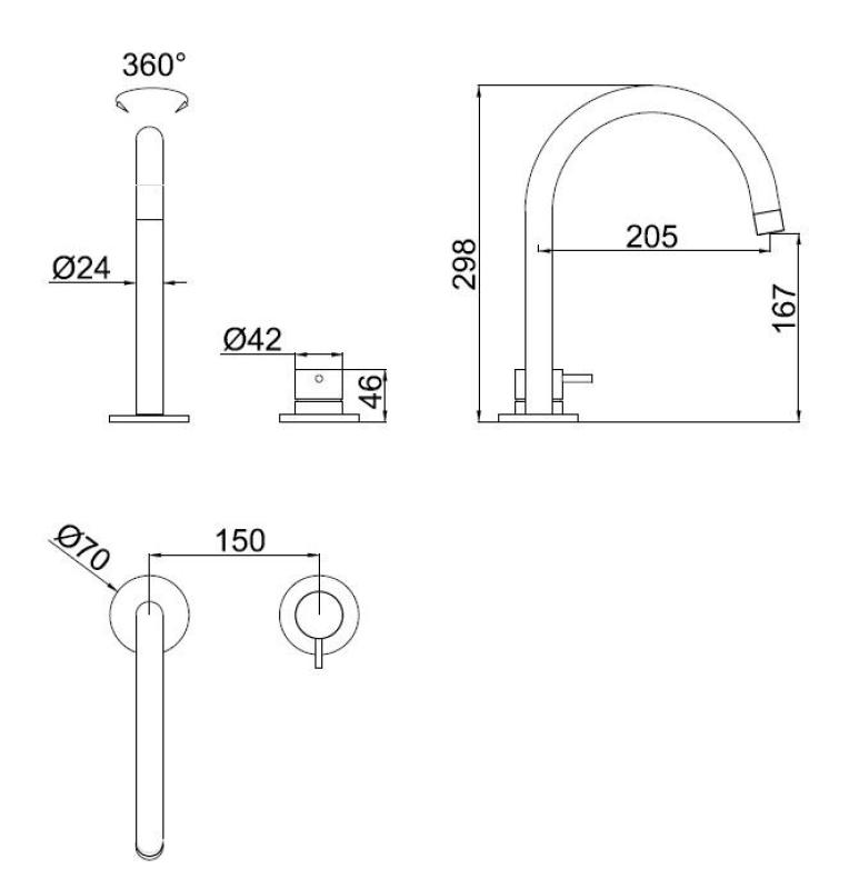 Pure.Sink Luxion 2-håls koppar kran med rund pip PLX2HR-62