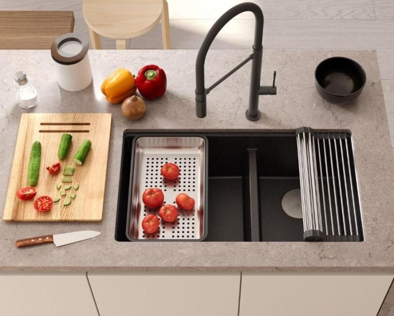 Quadri Newport II Dubbel Beige Granit Infälld Diskho 76x45 cm med Rostfritt stål plugg 1208971754