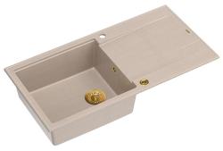 Quadri Luton beige granit överbyggnad diskbänk med avrinningsyta, omvändbar 100x50cm med guld plugg 1208971771