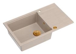 Quadri Luton beige granit stort uppbyggnads diskbänk med avrinningsyta omvändbar 86x50cm med koppar plugg 1208971773