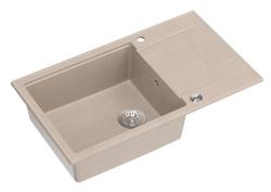 Quadri Luton beige granit stort uppsättningsho med avrinningsyta omvändbar 86x50cm med rostfritt stål plugg 1208971775