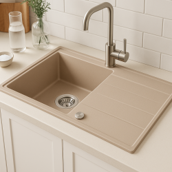 Quadri Luton beige granit överbyggnad diskbänk med avrinningsyta vändbar 86x50cm med rostfritt stål plugg 1208971779