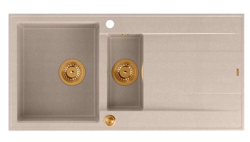 Quadri Luton pärlbeige granit överbyggnad 1,5 diskho med avrinningsyta omvändbar 100x50cm med kopparplugg 1208971792