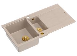 Quadri Luton beige granit överbyggnad 1,5 diskho med avrinningsyta omvändbar 100x50cm med guldplugg 1208971793